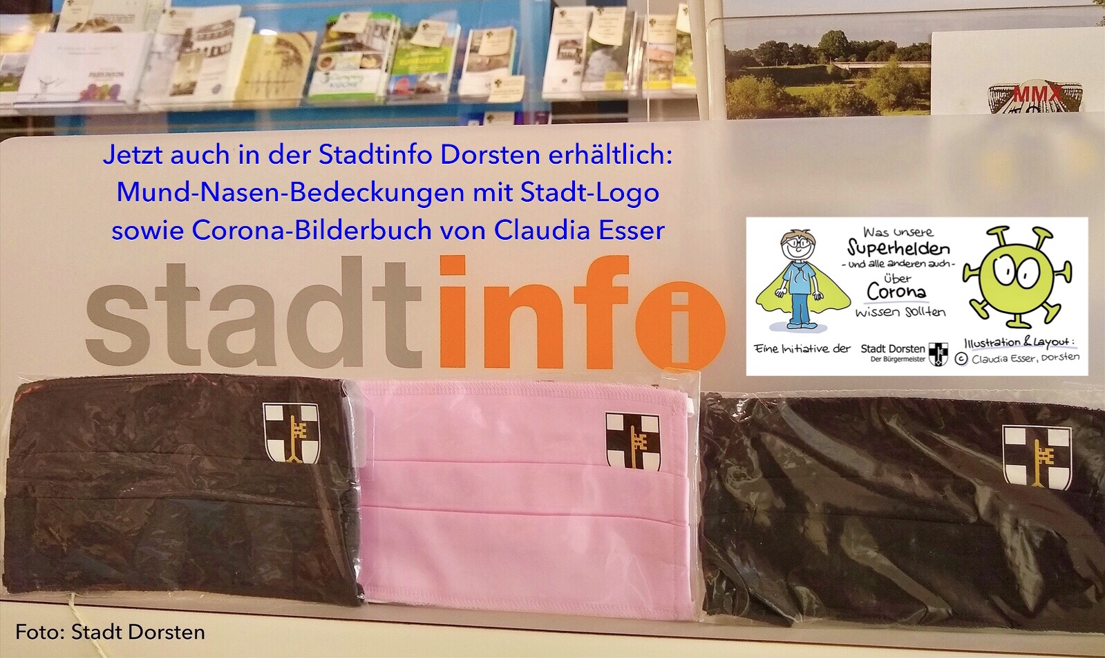 Stadtinfo Dorsten bietet Mund-Nasen-Bedeckungen mit Stadt-Logo sowie Corona-Bilderbuch an