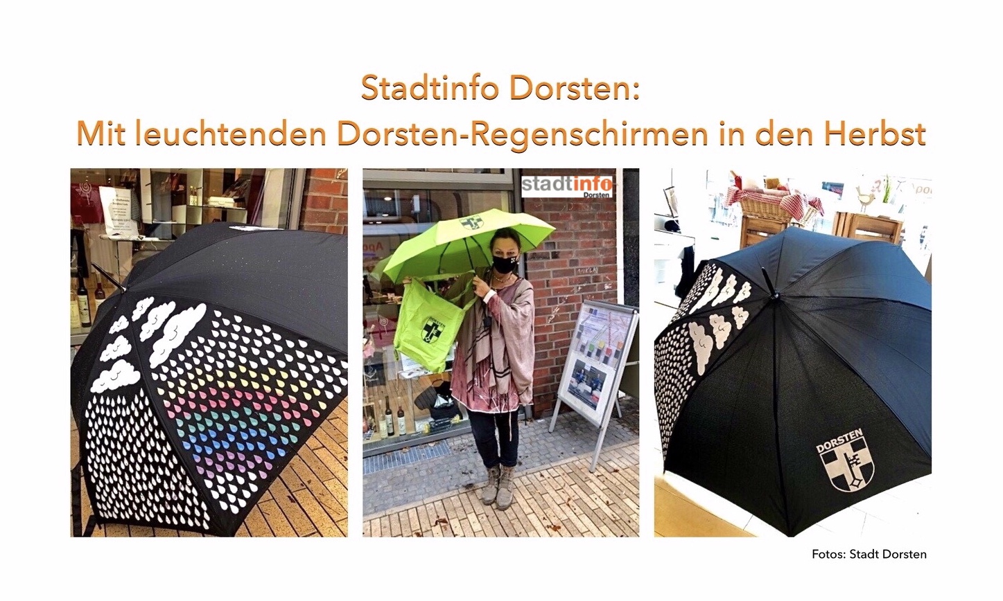 Leuchtende Dorsten-Regenschirme mit Stadlogo nun in der Stadtinfo erhältlich