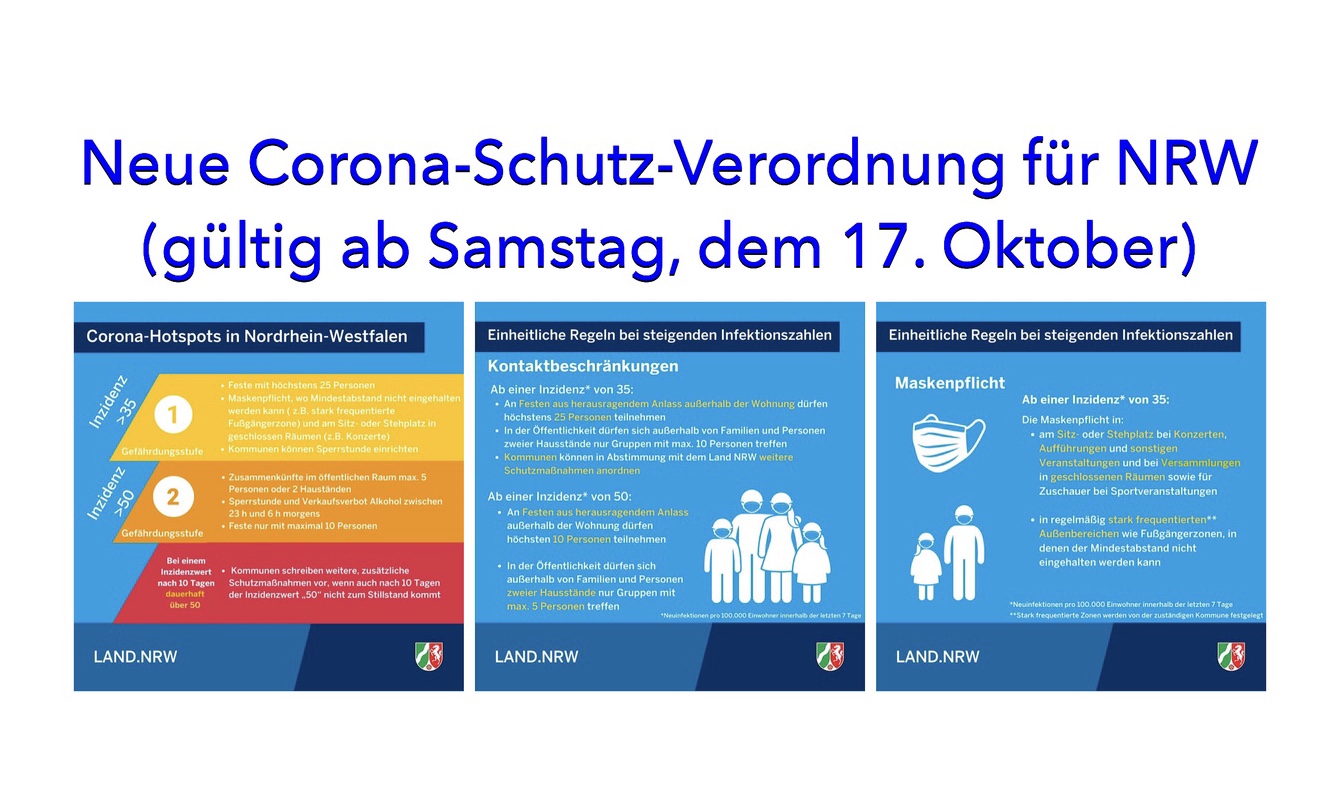 Neue Corona-Schutz-Verordnung für NRW (gültig ab Samstag, dem 17. Oktober)